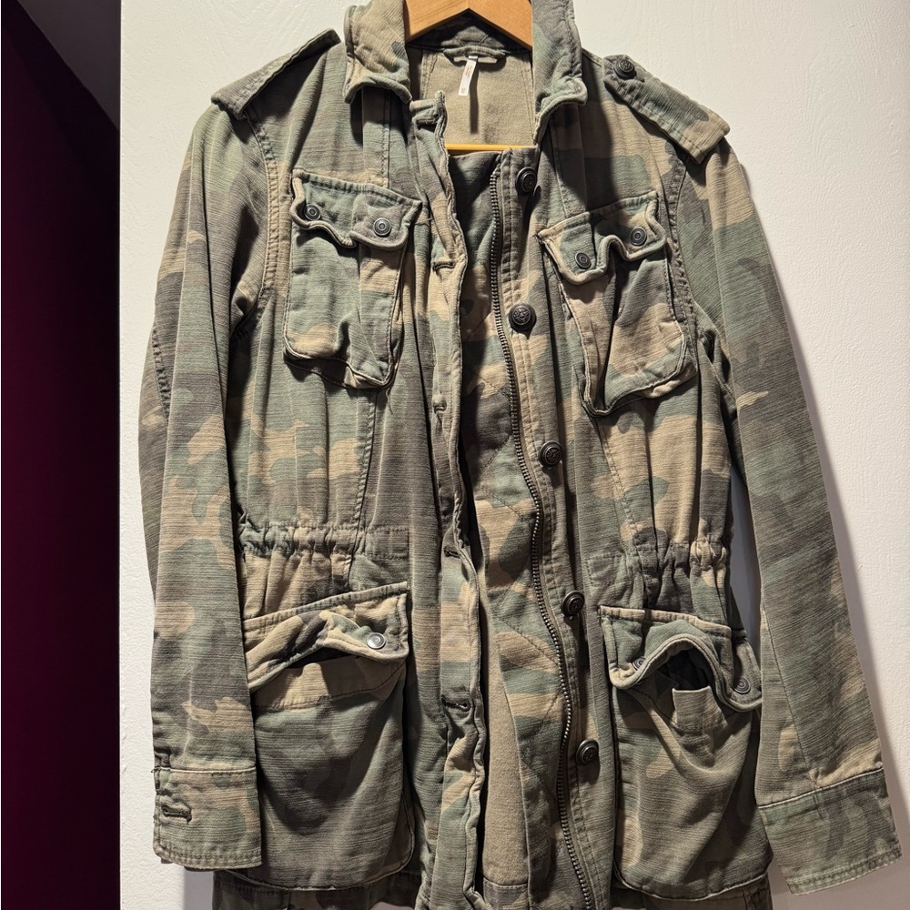 Free People Green Utility Jacket with Epaulettes and Adjustable Waist